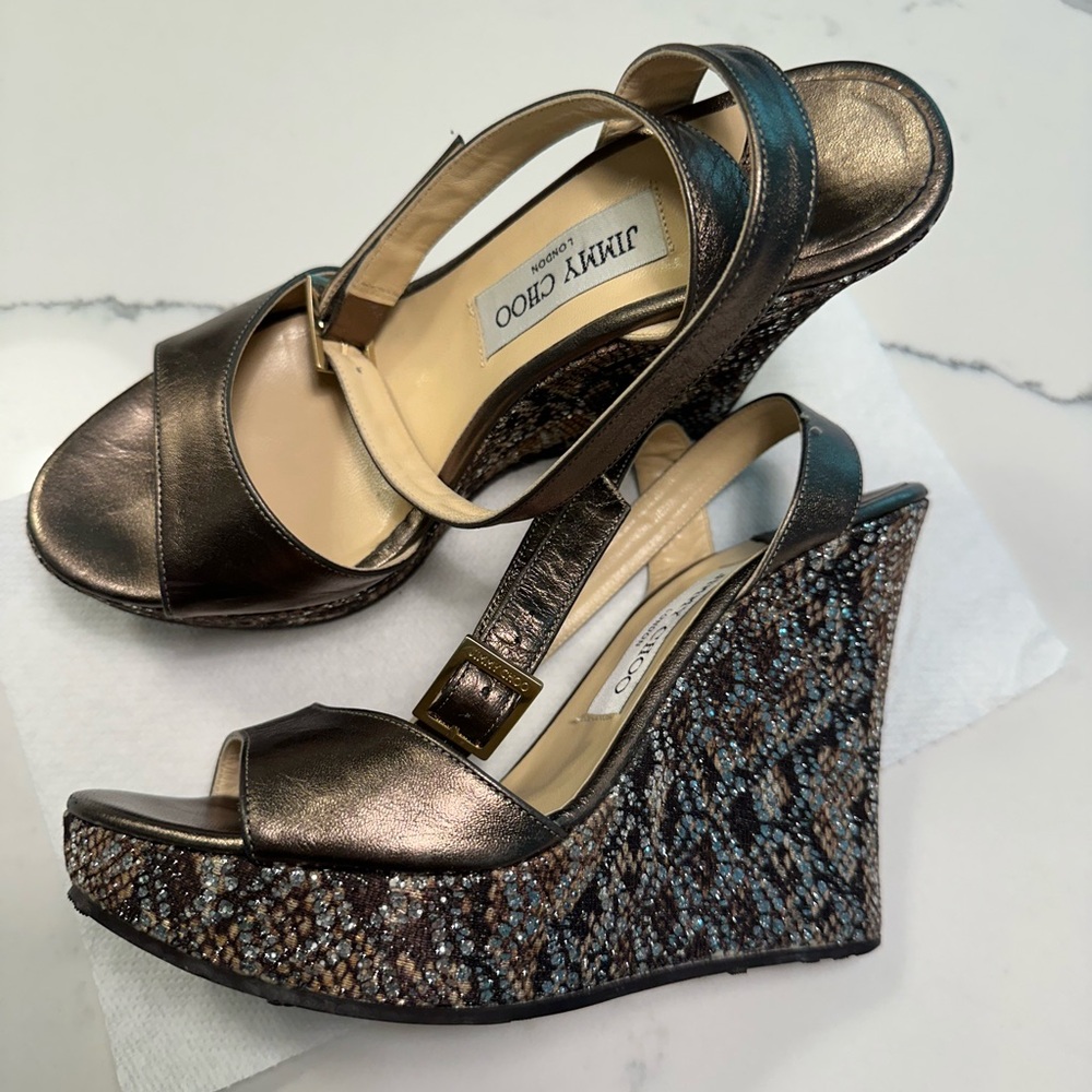 Jimmy Choo Pablo Platform metallic wedges size 39 black brown glitter
